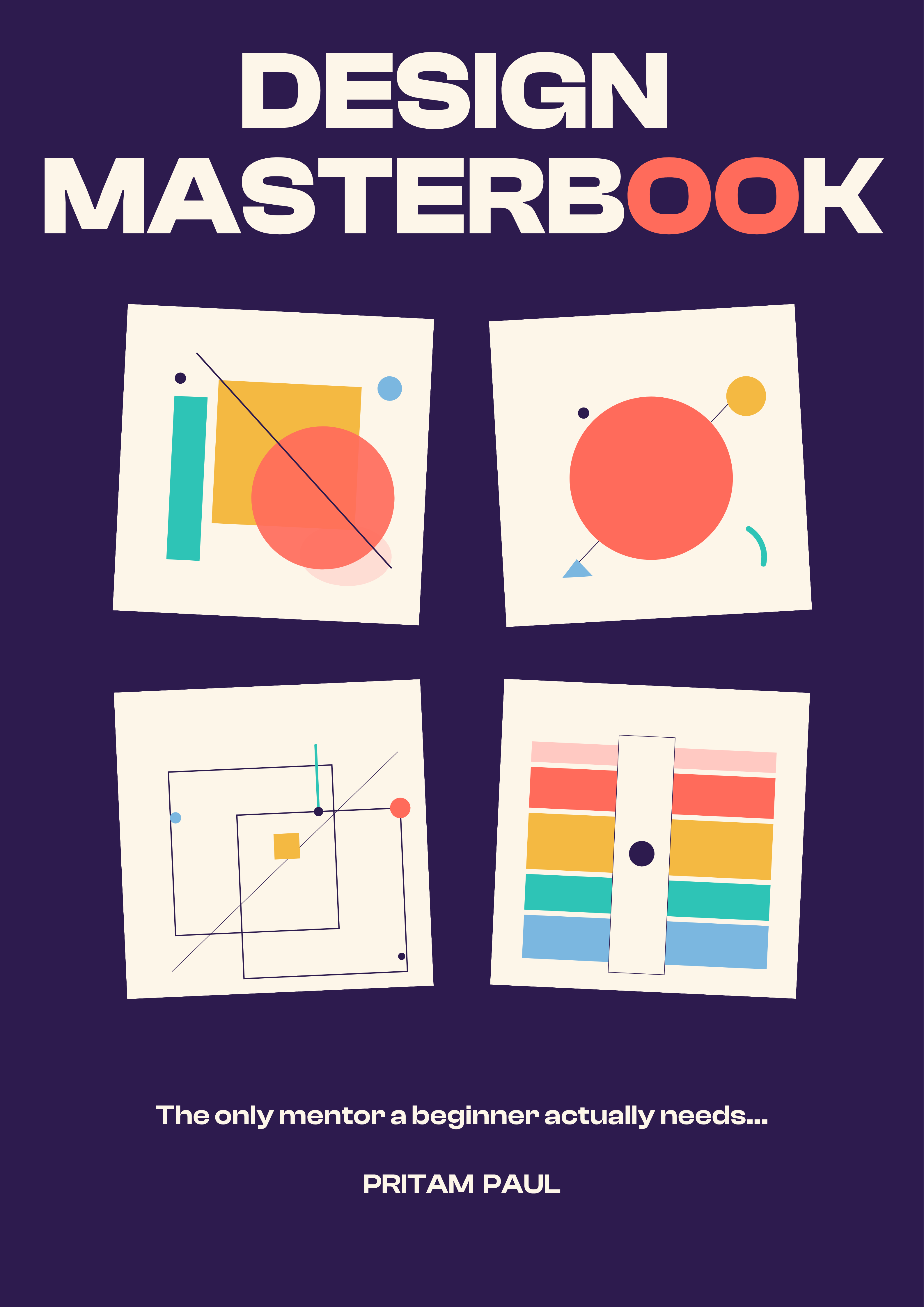 Design Masterbook front cover — title in cream over deep plum with four abstract Bauhaus-inspired composition tiles