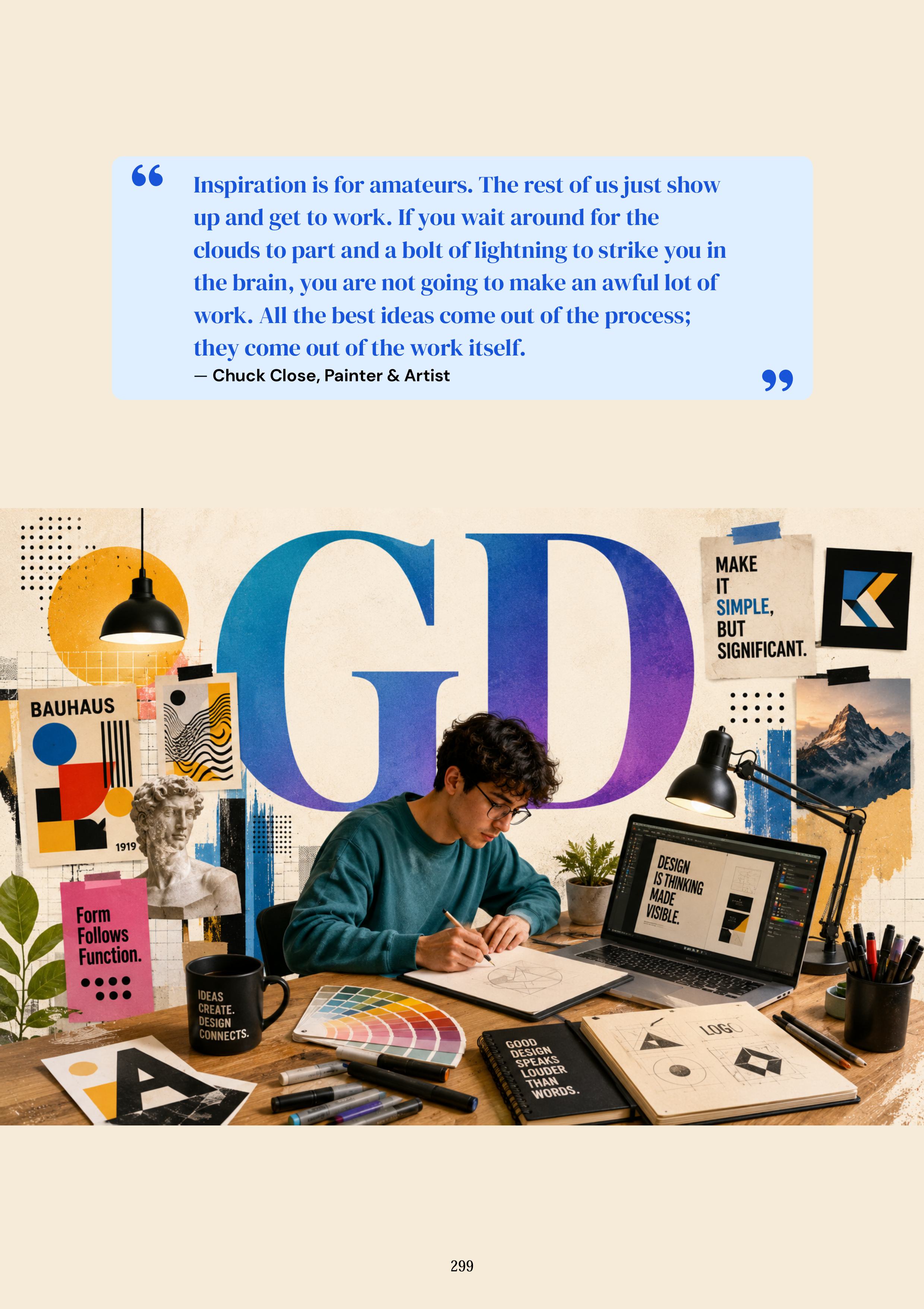 Graphic Design chapter spread with a moodboard and Chuck Close quote